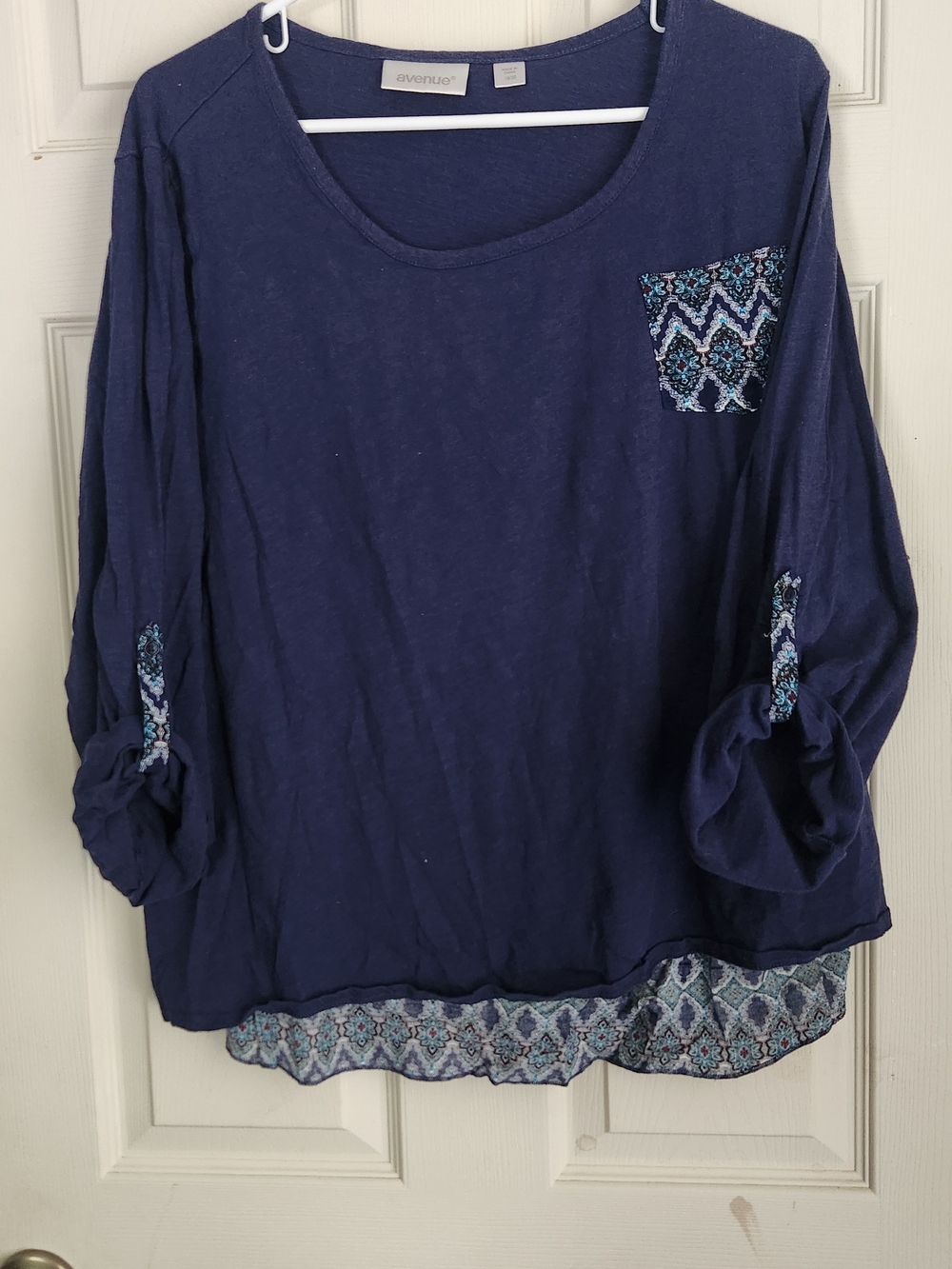 Avenue Navy Long-Sleeve Scoop Neck Top with Patterned Pocket & Hem